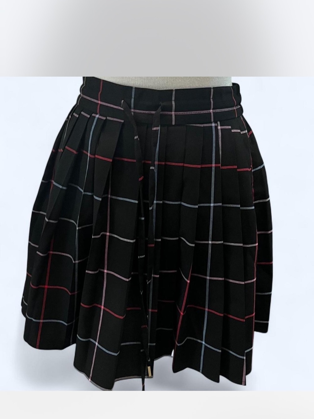 Free Assembly NWT Black Plaid Pleated Skirt with Red & Blue Windowpane Lines XS